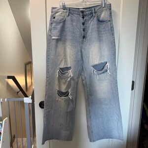 KanCan High‎ Waist Wide Leg Distressed Button Fly Baggy Jean Light Wash 13/30